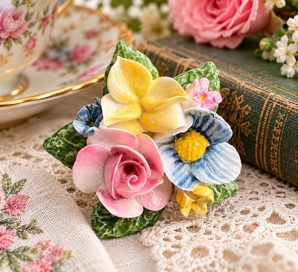 Vintage English Bone China Floral Brooch Porcelain Flowers Rose England